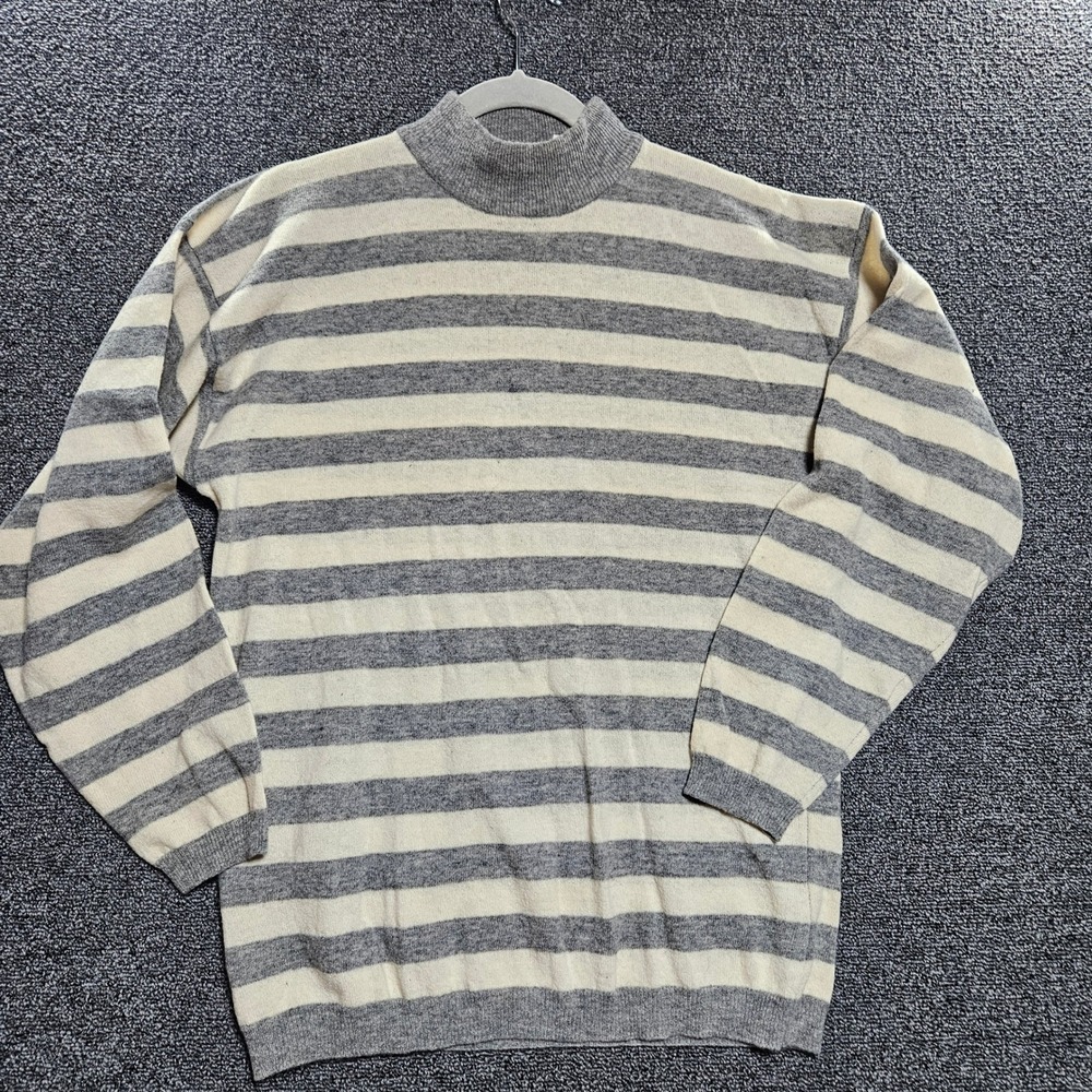 Haberdashery Vintage 100% Lambswool Striped Mock‎ Neck Sweater Gray Cream Womens